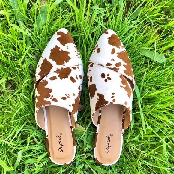 Cow Print Vegan Suede Mule Flats - Picture 3 of 12